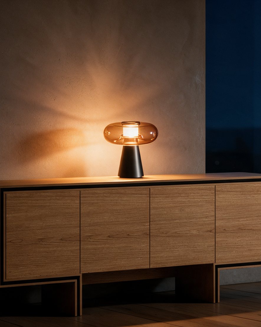 CONHAQUE, candeeiro de mesa aceso numa sala