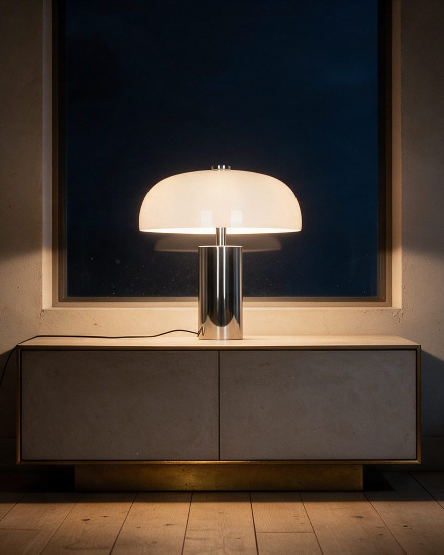 CRISTA — candeeiro de mesa aceso numa sala