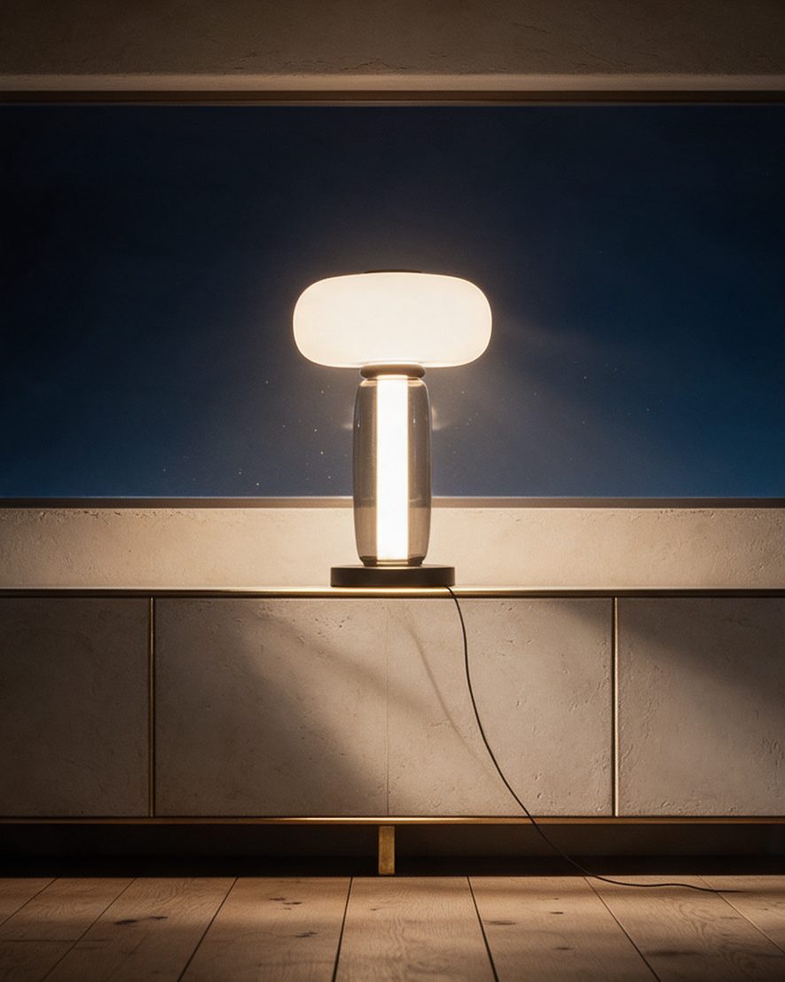DUETO, candeeiro de mesa aceso numa sala