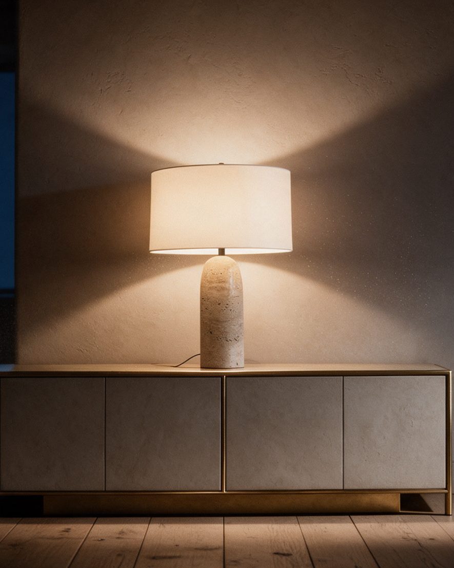 PEDRA Abajur, candeeiro de mesa aceso numa sala